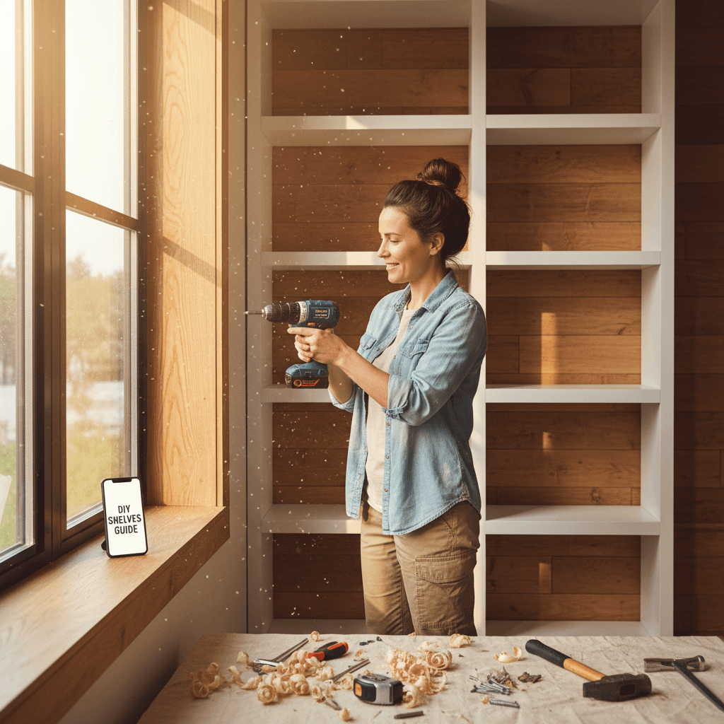 Homeowner using a cordless drill to install shelving with natural light streaming through window