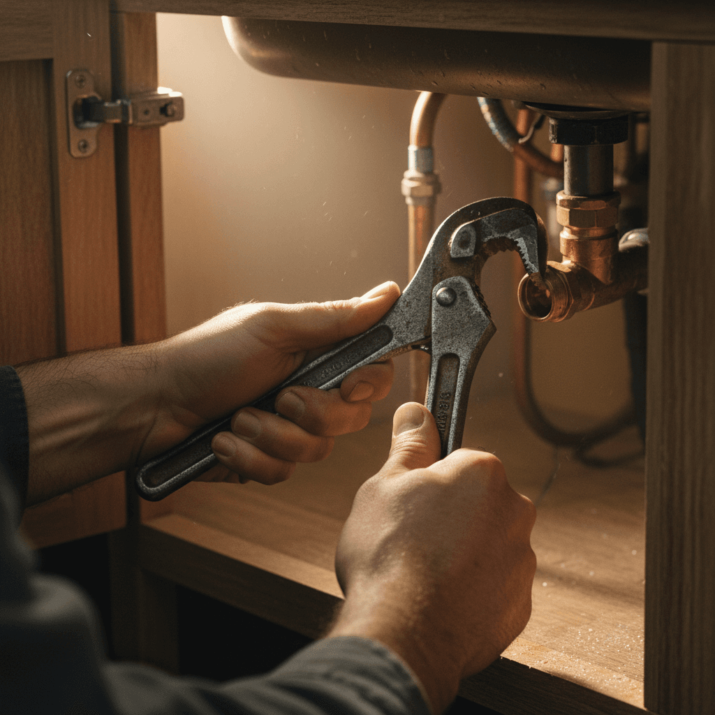 Plumber tightening a pipe fitting under sink