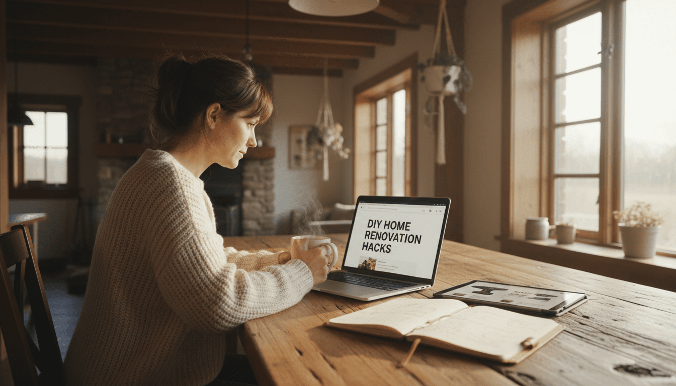 Homeowner researching home improvement guides on laptop with coffee and notebook at kitchen table