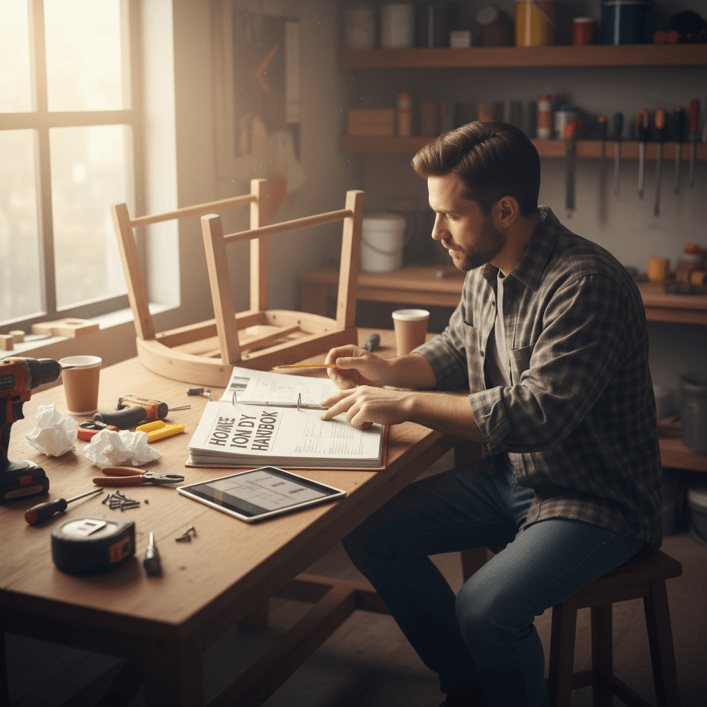 Homeowner referencing guides during home repair