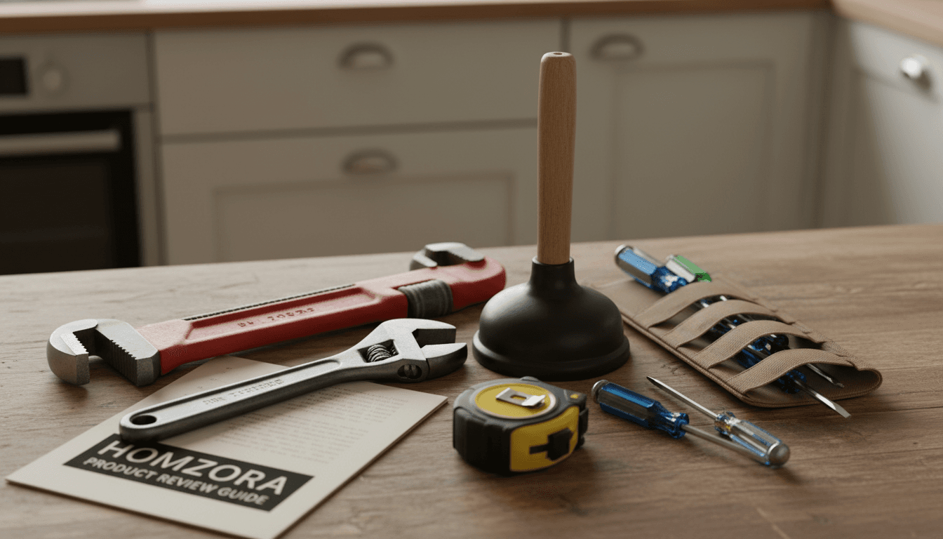 Collection of essential home improvement and plumbing tools displayed on wooden countertop with Homzora guide
