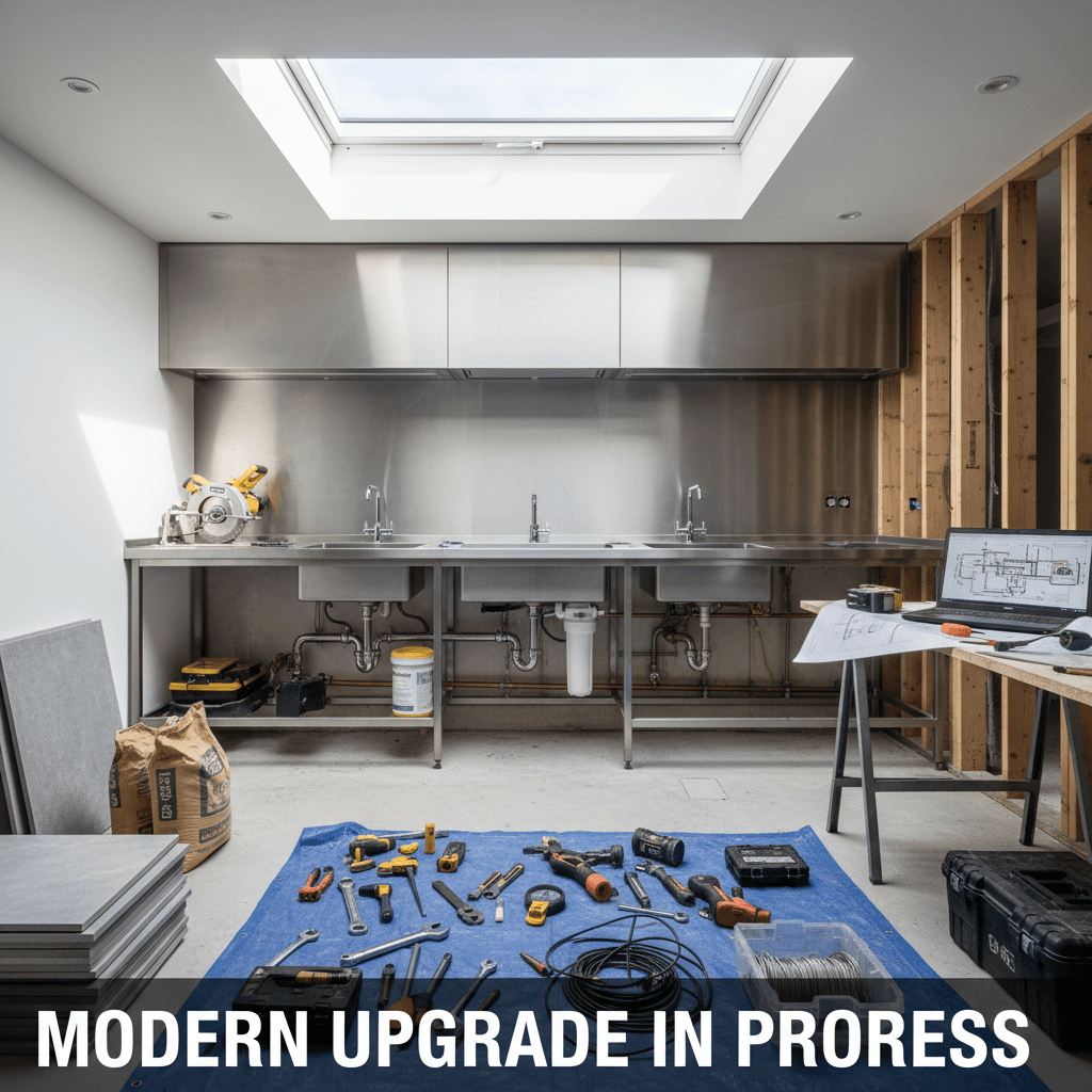 Kitchen renovation with plumbing and fixtures