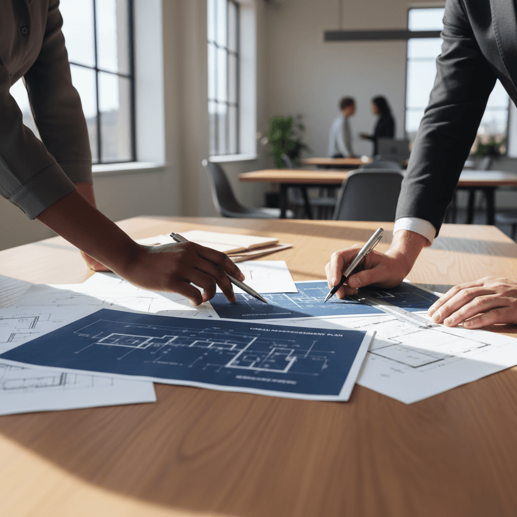 Hands reviewing home improvement plans at a wooden workbench