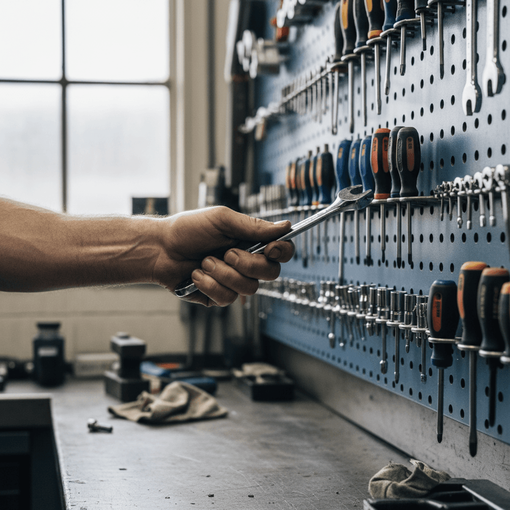 Well-organized garage tool storage system with labeled pegboard