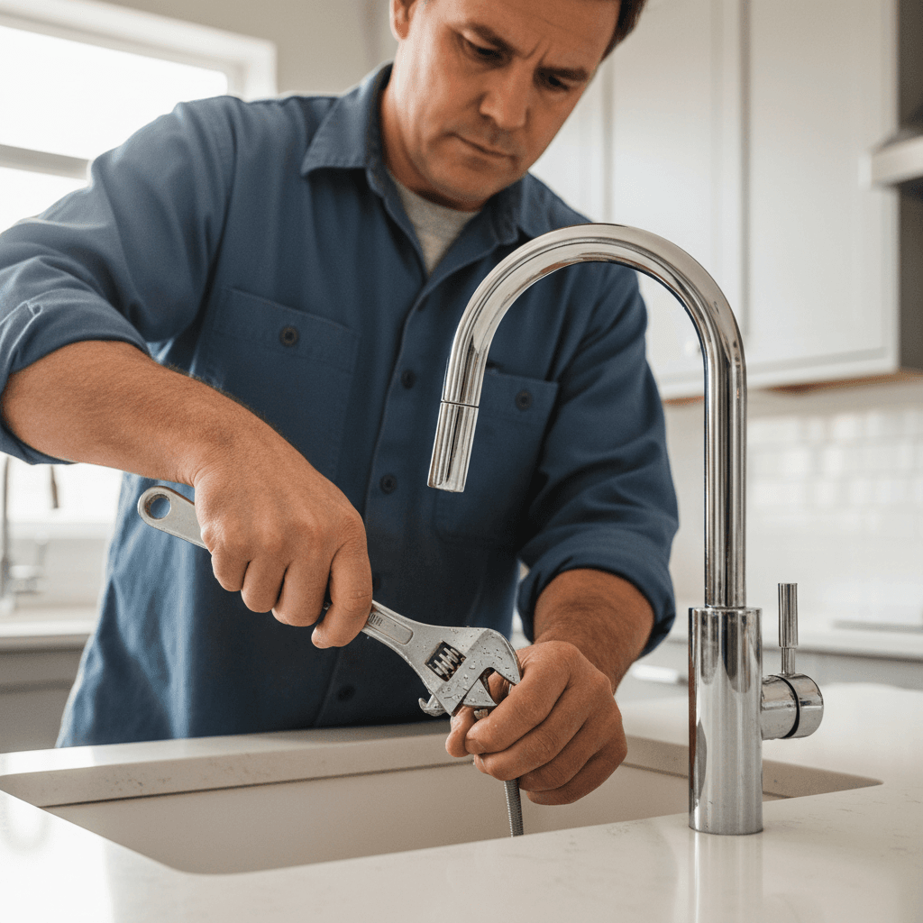 Close-up of hands installing a modern kitchen faucet