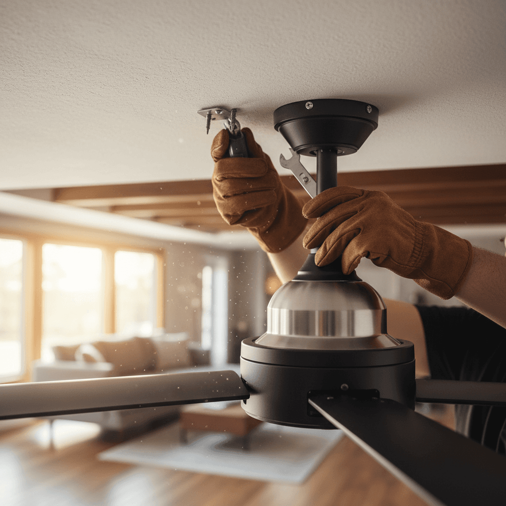 Homeowner installing a ceiling fan during a home upgrade project
