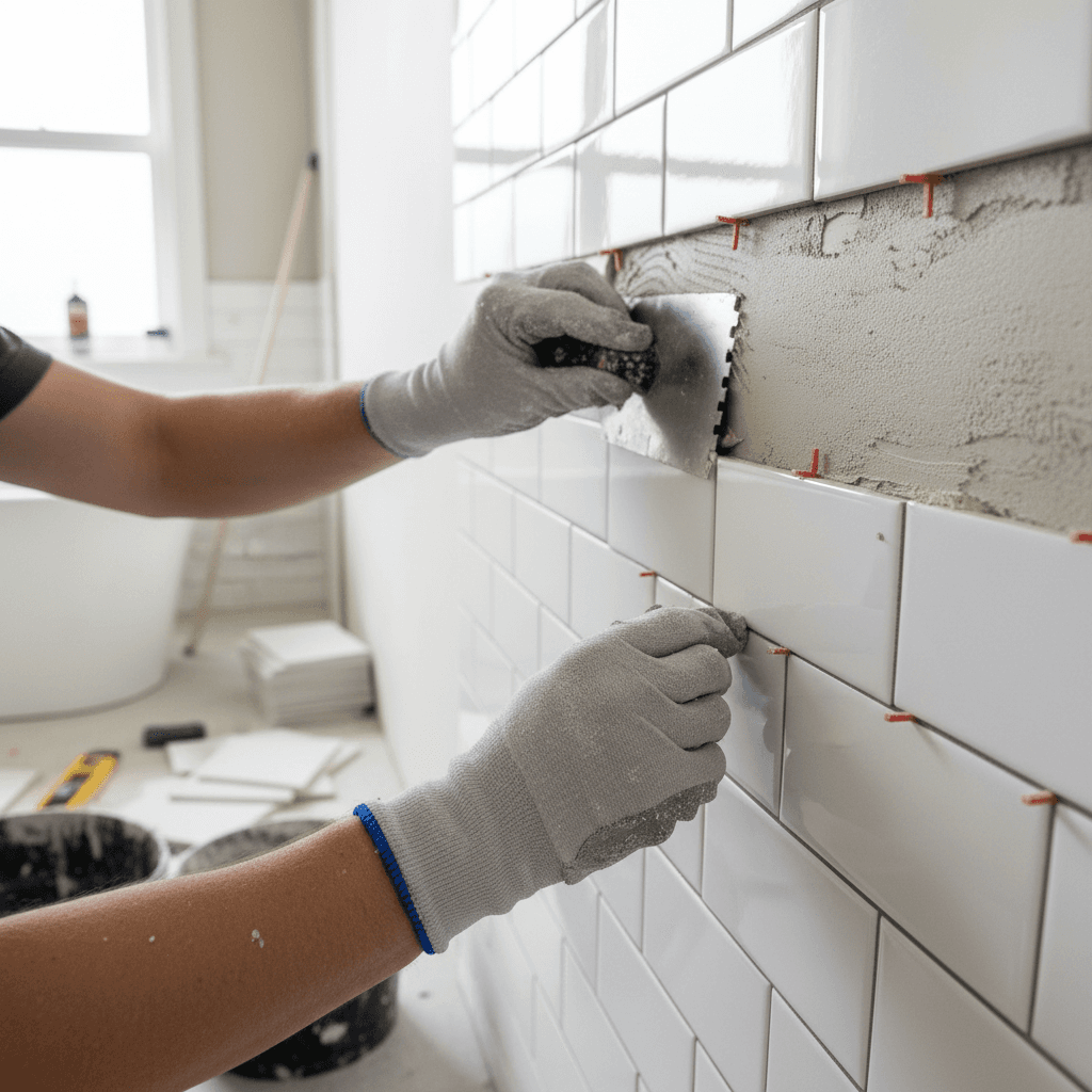 Close-up of proper caulking technique in a bathroom corner