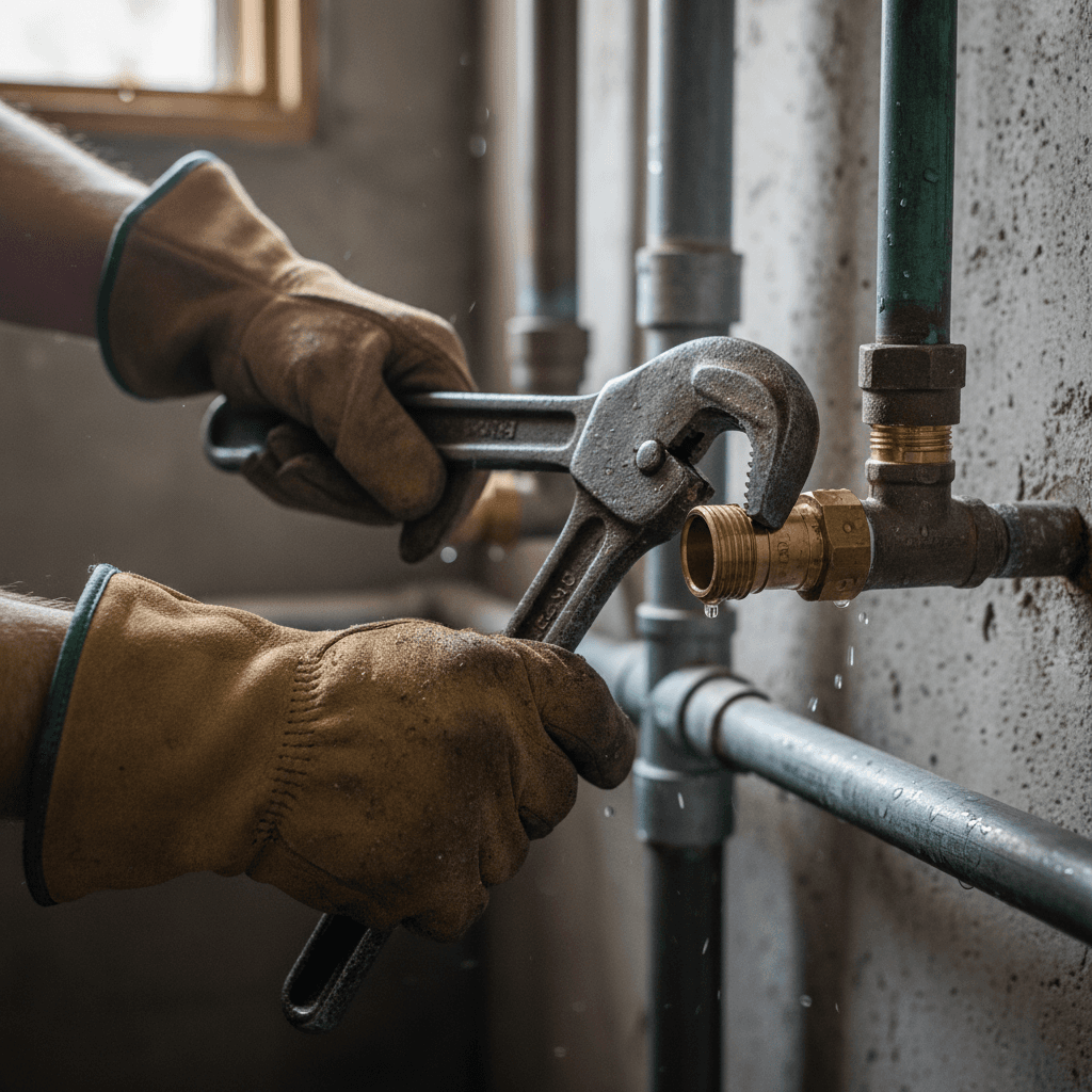 Plumbing repair detail with wrench and pipe fitting
