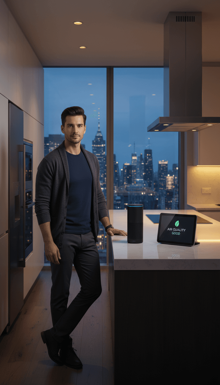 Smart home devices displayed on a kitchen counter