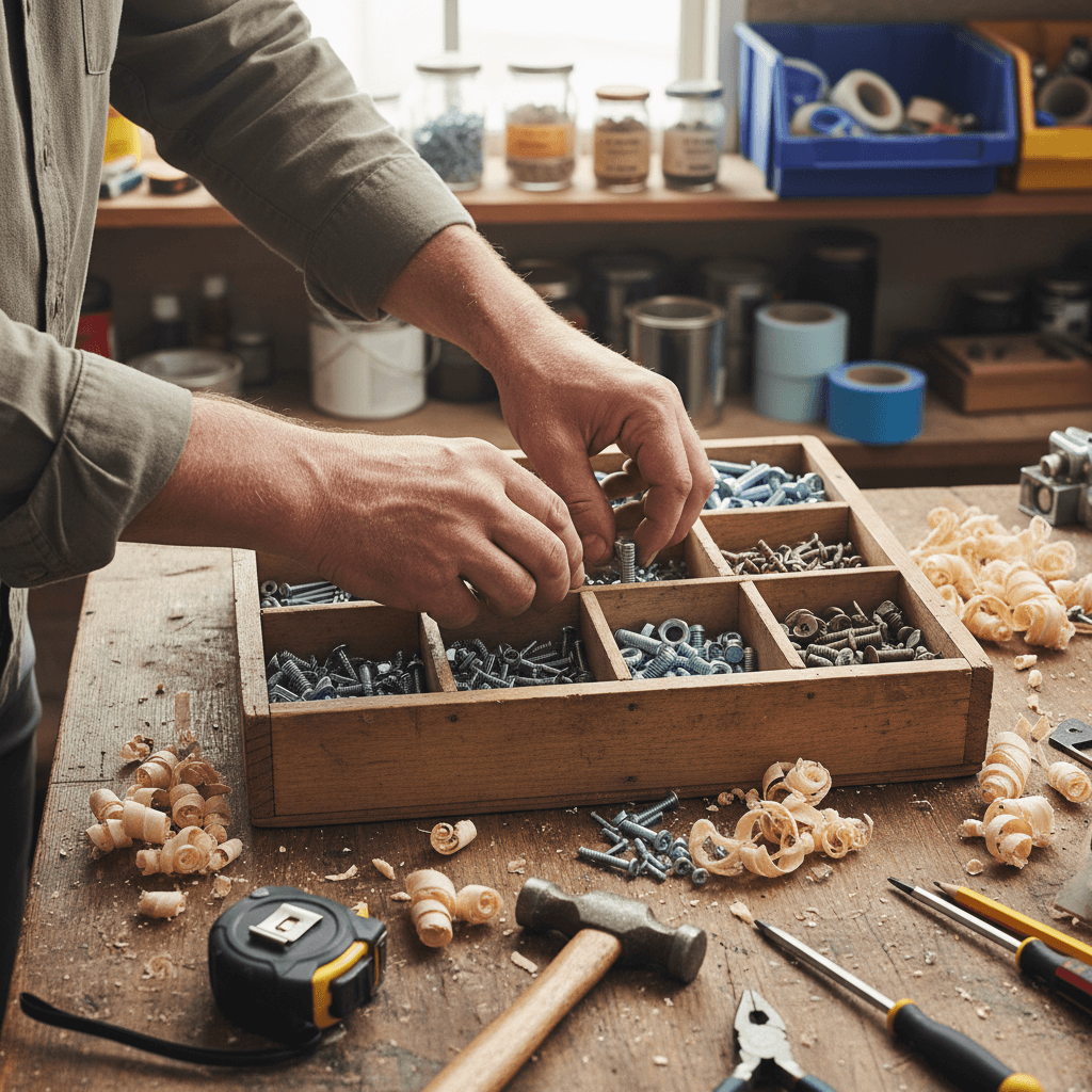 Hands organizing home improvement tools and materials on a wooden workbench