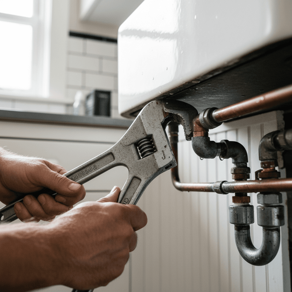 Plumber working on copper pipes with wrench