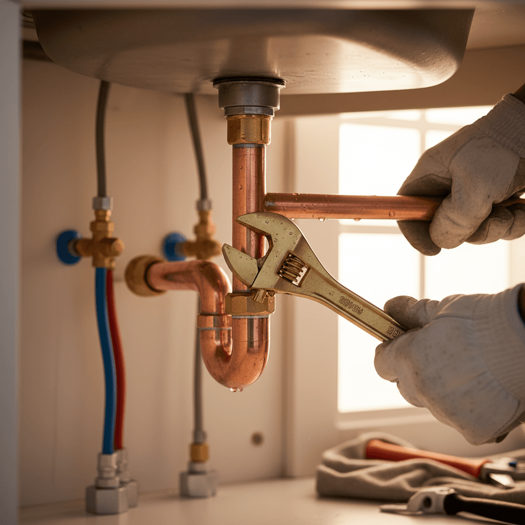 Homeowner using a wrench to repair under-sink plumbing