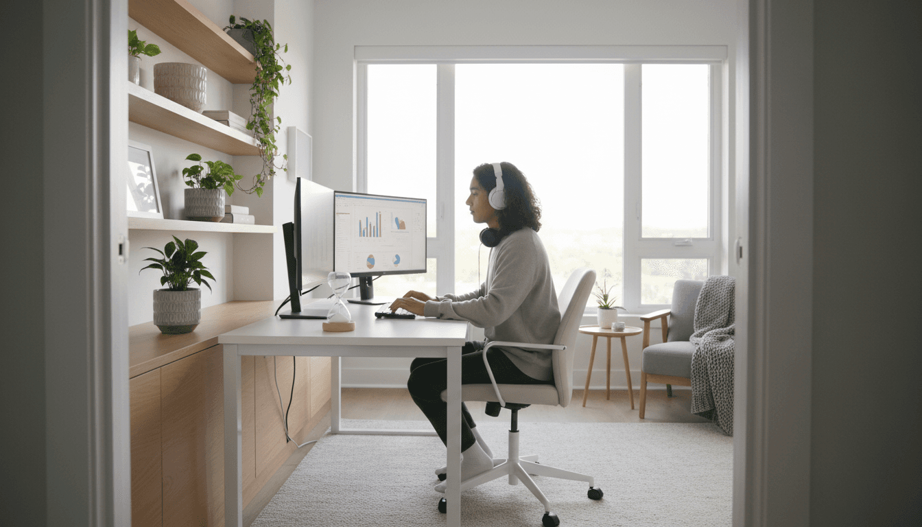 Home office workspace with guides and resources displayed