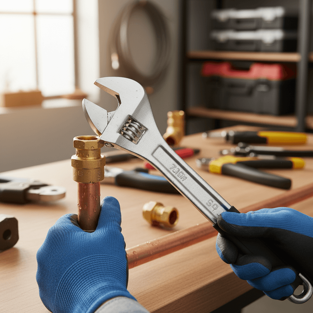 Plumbing tools and materials laid out on a workbench