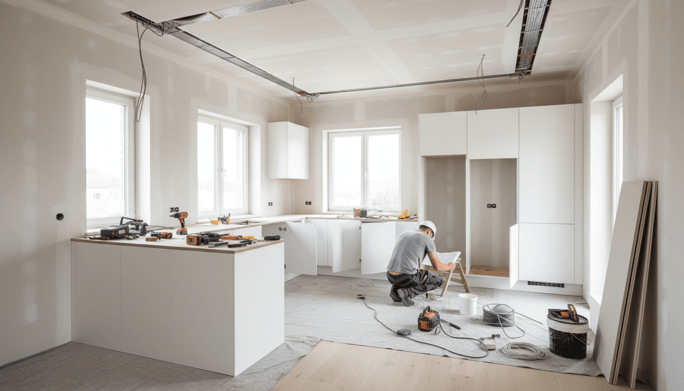 Homeowner reviewing home improvement plans in kitchen