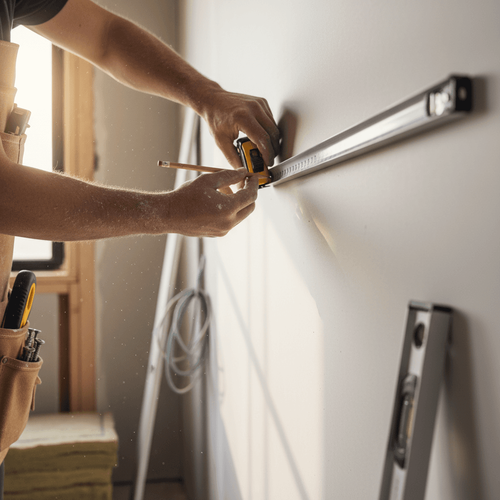 Homeowner measuring and preparing a wall for drywall installation